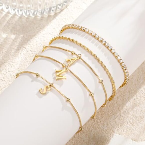 Dainty Gold Bracelets Set Personalized Initial Stackable Tennis Rope Chain - Picture 8 of 8